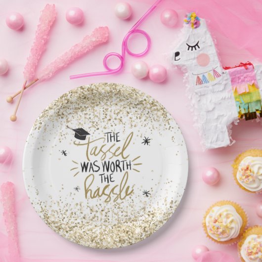 Gold Glitter Tassel Worth of the Hassle Afstuderen Papieren Bordje (Feest)