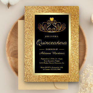 Gold Glitter Tiara Princess Black Quinceanera Kaart