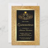 Gold Glitter Tiara Princess Black Quinceanera Kaart (Voorkant)