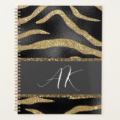 Gold Glitter Tiger Stripes op zwart leder Planner (Voorkant)