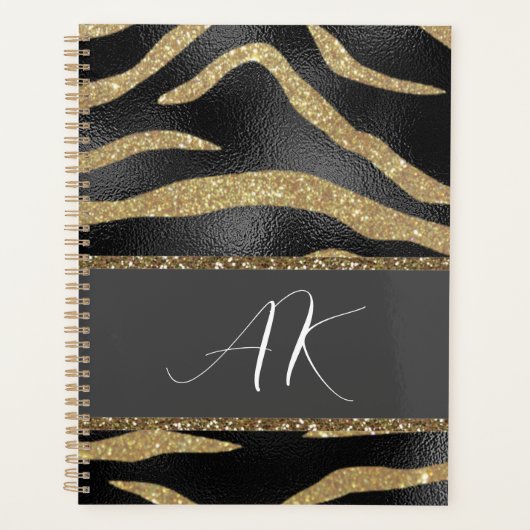 Gold Glitter Tiger Stripes op zwart leder Planner (Voorkant)