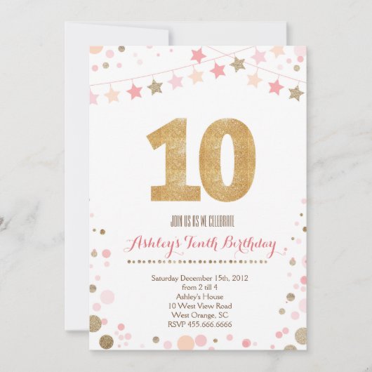 Gold Glitter Titiende verjaardag Uitnodiging (Voorkant)