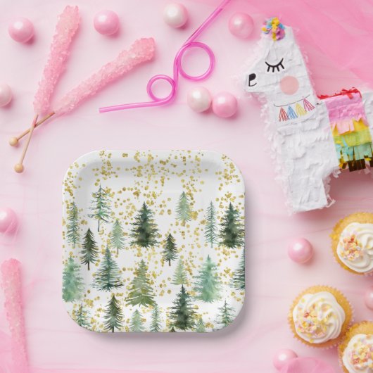 Gold Glitter Trees Bord kerstpapier (Feest)