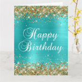 Gold Glitter Turquoise Blue Big Happy Birthday Kaart (Gele Bloem)