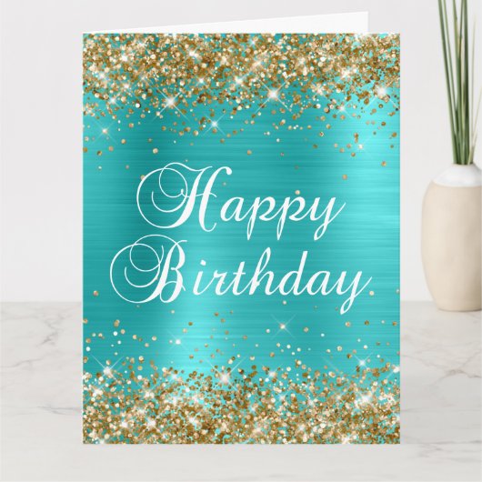 Gold Glitter Turquoise Blue Big Happy Birthday Kaart (Voorkant)
