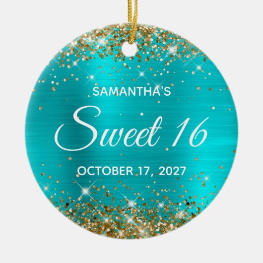 Gold Glitter Turquoise Blue Folie Sweet 16 Keramisch Ornament (Voorkant)