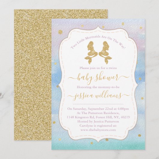 Gold Glitter Twin Mermaids Baby shower Kaart (Voorkant / Achterkant)