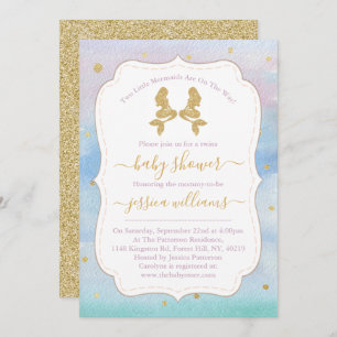 Gold Glitter Twin Mermaids Baby shower Kaart