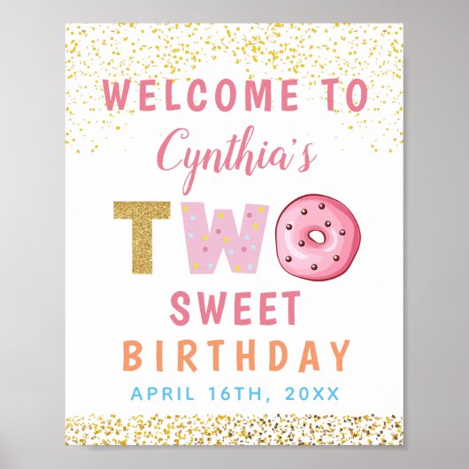 Gold Glitter Two Sweet Donut 2de verjaardag Welkom Poster (Voorkant)