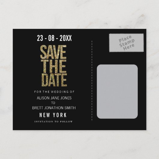 Gold Glitter Typografie Save the Date Briefkaart (Achterkant)
