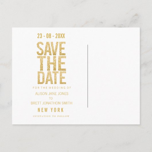 Gold Glitter Typografie Save the Date Briefkaart (Achterkant)