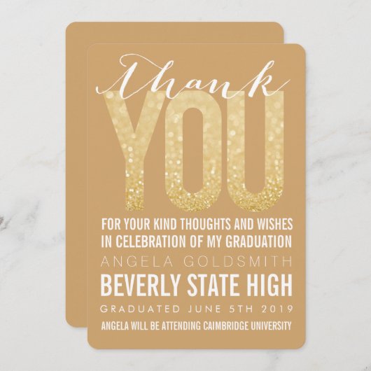 Gold Glitter Typography Afstuderen Hartelijk dank Bedankkaart (Voorkant / Achterkant)
