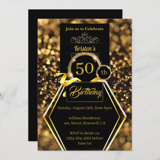 Gold Glitter - Uitnodiging voor 50ste verjaardag (Voorkant / Achterkant)