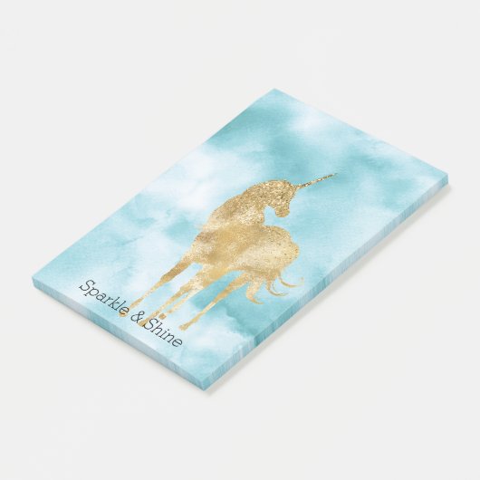 Gold Glitter Unicorn Aqua Waterverf Post-it® Notes (Schuin)
