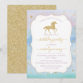 Gold Glitter Unicorn Birthday Party Kaart (Voorkant / Achterkant)