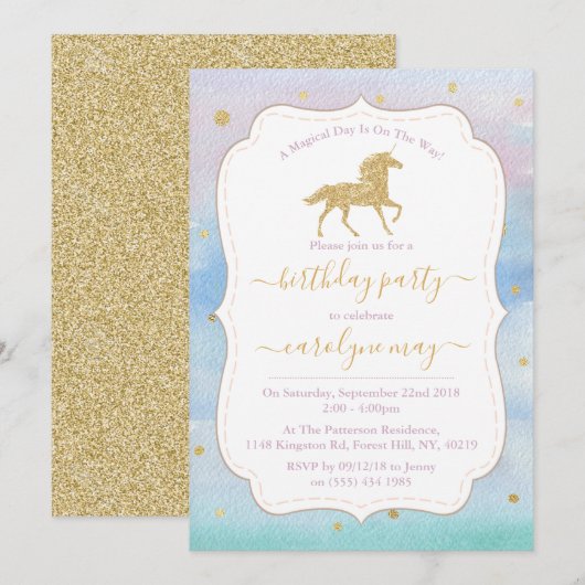 Gold Glitter Unicorn Birthday Party Kaart (Voorkant / Achterkant)