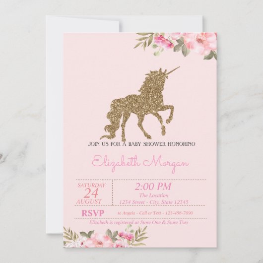 Gold Glitter Unicorn Floral Baby shower Kaart (Voorkant)