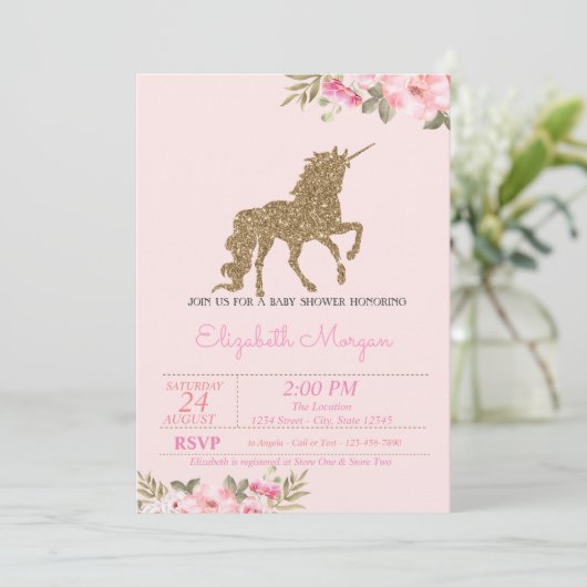 Gold Glitter Unicorn Floral Baby shower Kaart (Staand voorkant)