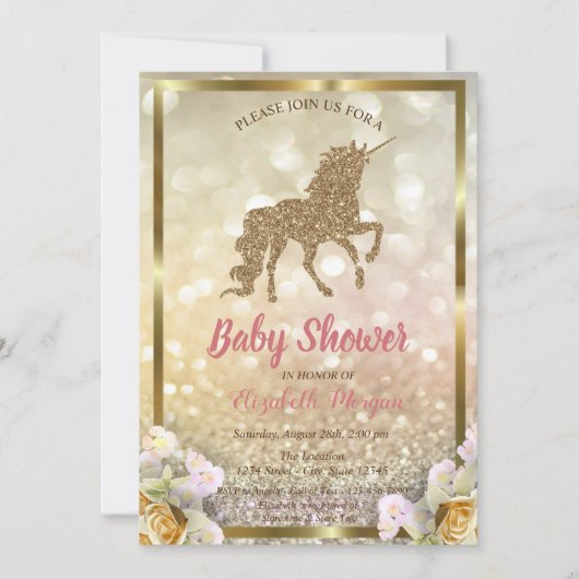 Gold Glitter Unicorn Floral Bokeh Baby shower Kaart (Voorkant)