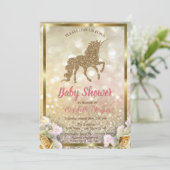 Gold Glitter Unicorn Floral Bokeh Baby shower Kaart (Staand voorkant)