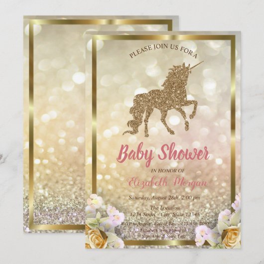 Gold Glitter Unicorn Floral Bokeh Baby shower Kaart (Voorkant / Achterkant)