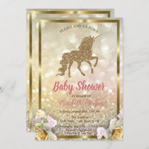 Gold Glitter Unicorn Floral Bokeh Baby shower Kaart