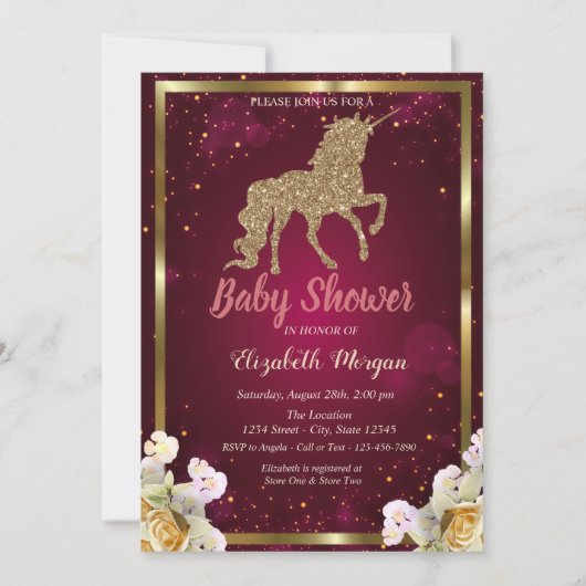 Gold Glitter Unicorn Floral Burgundy Baby shower Kaart (Voorkant)
