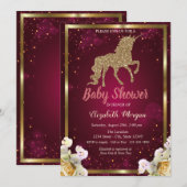 Gold Glitter Unicorn Floral Burgundy Baby shower Kaart (Voorkant / Achterkant)
