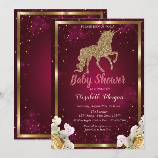 Gold Glitter Unicorn Floral Burgundy Baby shower Kaart (Voorkant / Achterkant)
