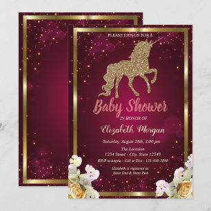 Gold Glitter Unicorn Floral Burgundy Baby shower Kaart