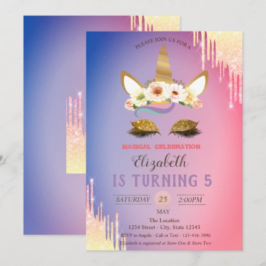 Gold Glitter Unicorn Flowers, Ombre Drift Birthday Kaart (Voorkant / Achterkant)