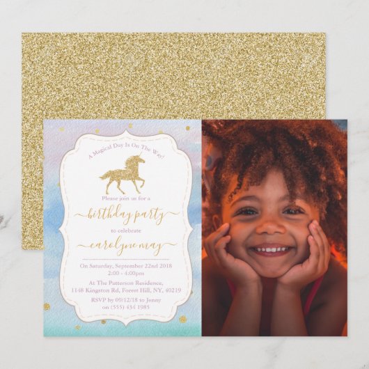 Gold Glitter Unicorn Foto van elke dag Kaart (Voorkant / Achterkant)