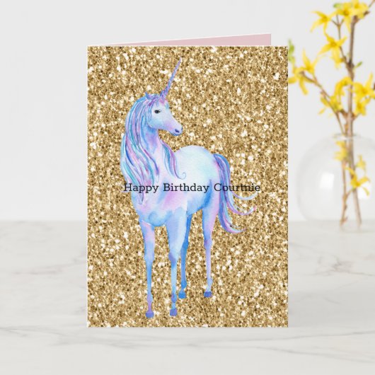 Gold Glitter Unicorn Kaart (Gele Bloem)
