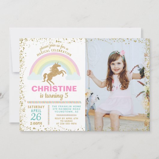 Gold Glitter Unicorn Rainbow Birthday Foto Kaart (Voorkant)