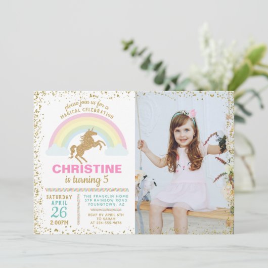 Gold Glitter Unicorn Rainbow Birthday Foto Kaart (Staand voorkant)