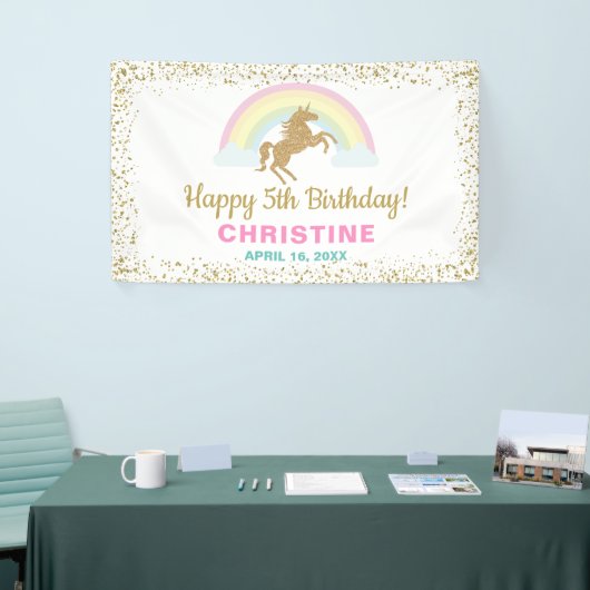 Gold Glitter Unicorn Rainbow Birthday Party Banner (Beurs)