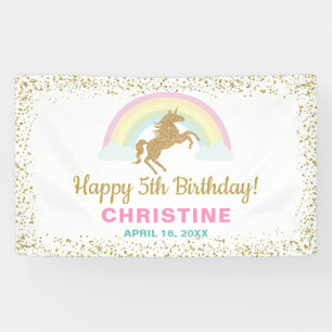 Gold Glitter Unicorn Rainbow Birthday Party Banner