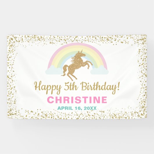 Gold Glitter Unicorn Rainbow Birthday Party Banner (Horizontaal)