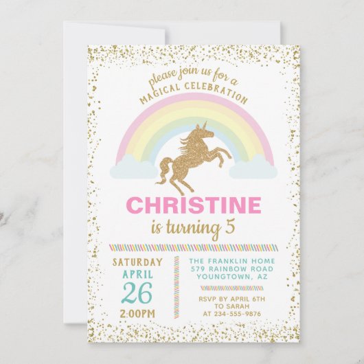 Gold Glitter Unicorn Rainbow Birthday Uitnodiging (Voorkant)
