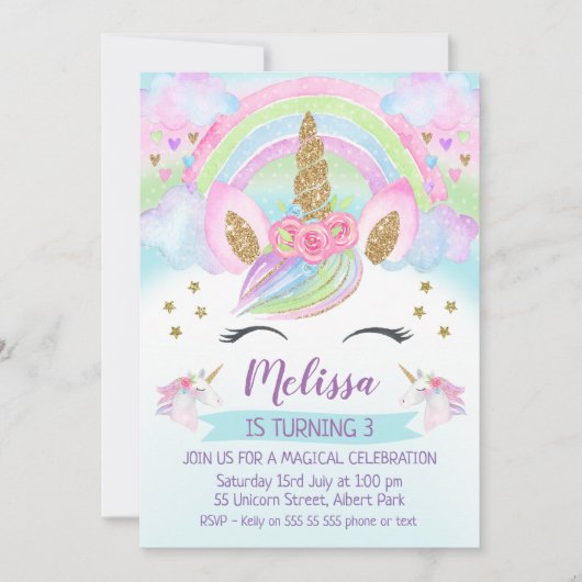 Gold Glitter Unicorn Rainbow Birthday Uitnodiging (Voorkant)