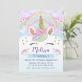 Gold Glitter Unicorn Rainbow Birthday Uitnodiging (Staand voorkant)