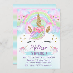 Gold Glitter Unicorn Rainbow Birthday Uitnodiging