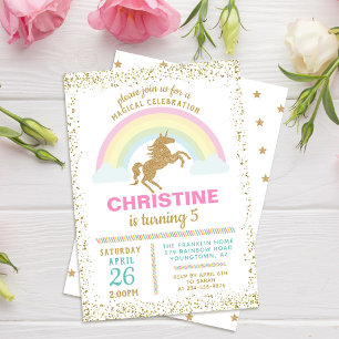 Gold Glitter Unicorn Rainbow Birthday Uitnodiging