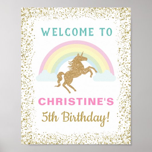 Gold Glitter Unicorn Rainbow Birthday Welkom Poster (Voorkant)