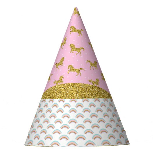 Gold Glitter Unicorn Rainbows Party Pet Feesthoedjes (Voorkant)