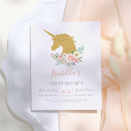 Gold Glitter Unicorn & Roze Flowers Birthday Party Uitnodiging Briefkaart