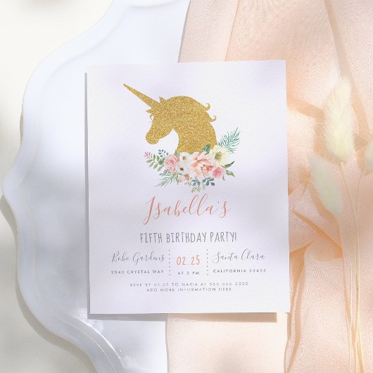 Gold Glitter Unicorn & Roze Flowers Birthday Party Uitnodiging Briefkaart