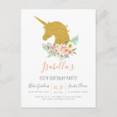 Gold Glitter Unicorn & Roze Flowers Birthday Party Uitnodiging Briefkaart (Voorkant)