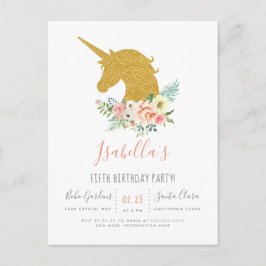 Gold Glitter Unicorn & Roze Flowers Birthday Party Uitnodiging Briefkaart (Voorkant)