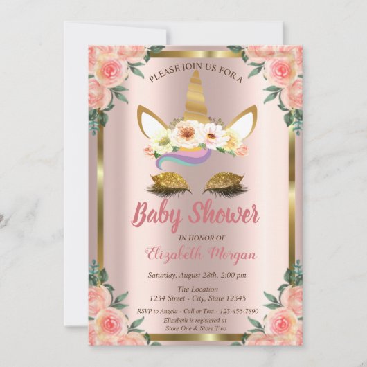 Gold Glitter Unicorn Rozen Crown Baby shower invul Kaart (Voorkant)
